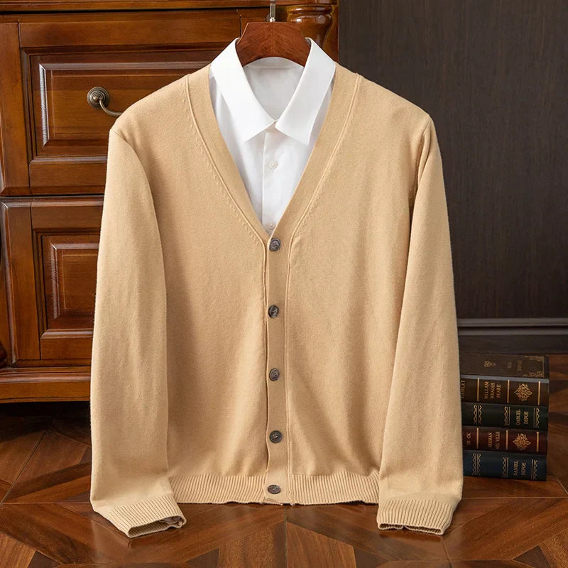 Amawinc William Heritage Cardigan Pour Hommes Gris Mélange Cachemire Laine Col V Coupe Décontractée