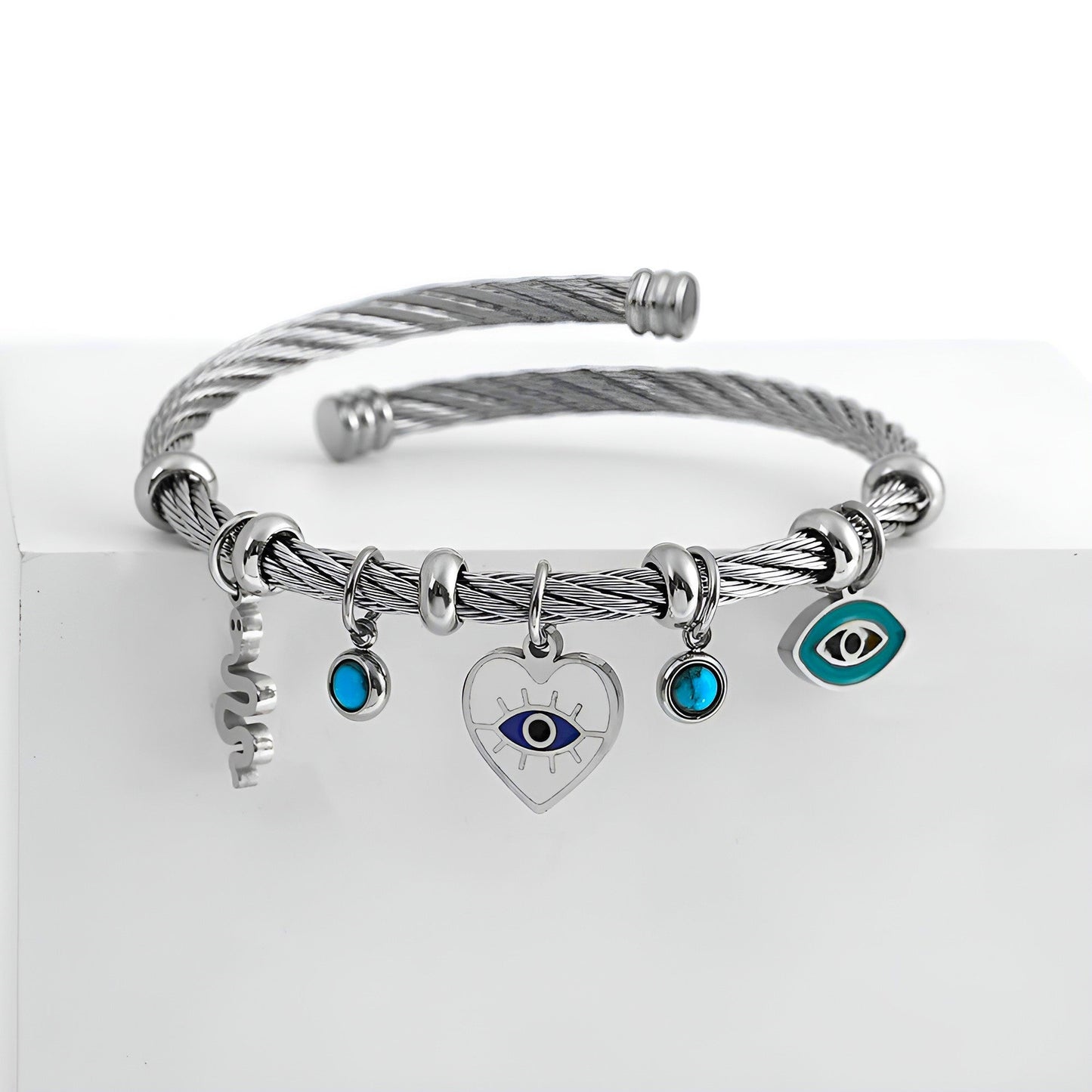 Bracelet Cable Sculpté Œil Protecteur Pierre Turquoise Plaqué Acier Résistant Au Tarn Ajustable
