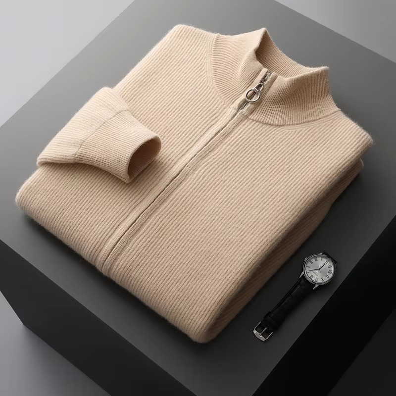 Cardigan Zippé En Pure Laine Pour Homme Avec Col Montant Tricot Épais Pour L Hiver