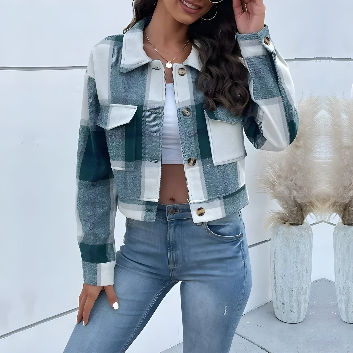 Veste Courte À Carreaux Lavés Avec Poches Plaquées Boutons En Corne Synthétique Col Revers Poignets De Chemise