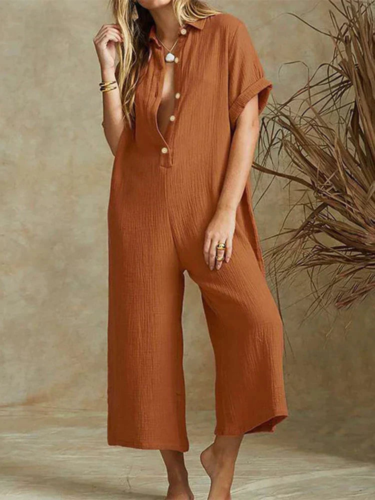 Combinaison Femme Décontractée En Mélange Coton Avec Coupe Courte Manches Courtes Et Jambes Larges Bouton À L'Avant