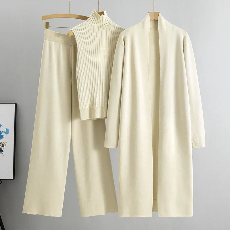 Ensemble Cardigan Trois Pièces Pour Femmes Jessica Pantalon À Jambe Large Et Haut Sans Manches Côtelé