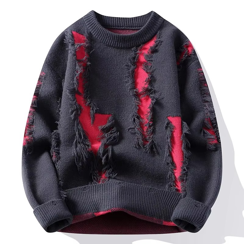 Pull Homme Maille Patchwork Usé Col Ras Du Cou Coupe Ample Confortable Amawinc Automne Casual