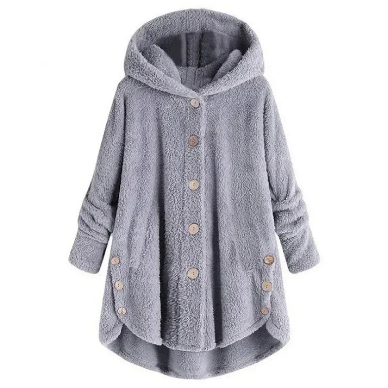 Veste Polaire Pour Femmes Coupe Décontractée Capuche Devant Boutons Texture Peluche Poches