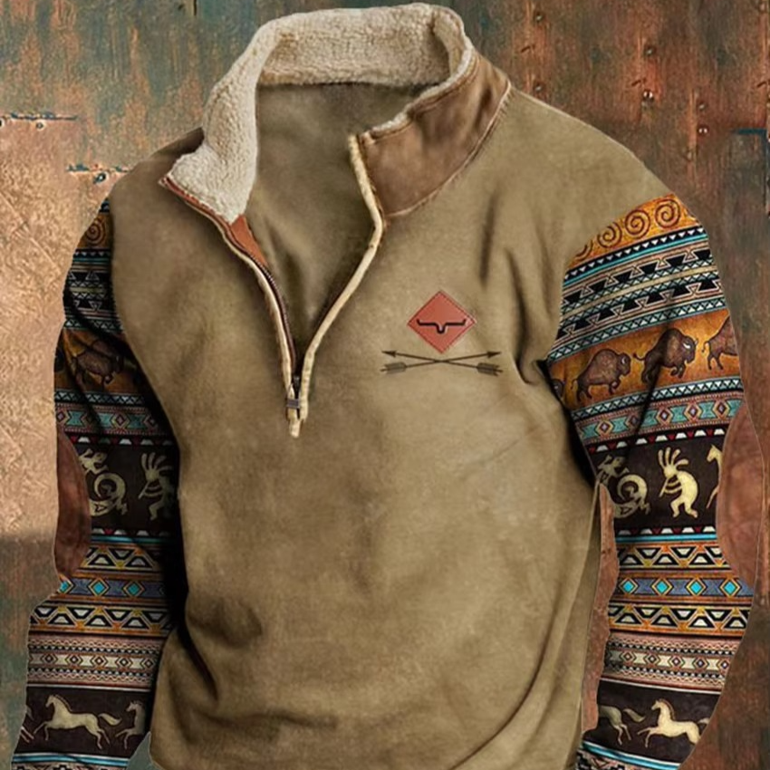 Veste à Capuche Rétro Imprimée 3D pour Hommes avec Col en Cuir et Fermeture Éclair pour Temps Froids