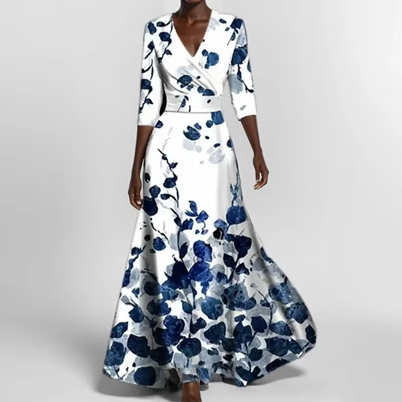 Robe Longue Imprimée À Plis Avec Encolure V Élégante Pour Femme Moderne Idéale Pour Sorties