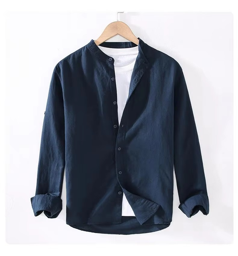 Chemise Homme Lin Vintage Col Montant Manches Longues Boutonnée Léger Respirant de M à 3XL