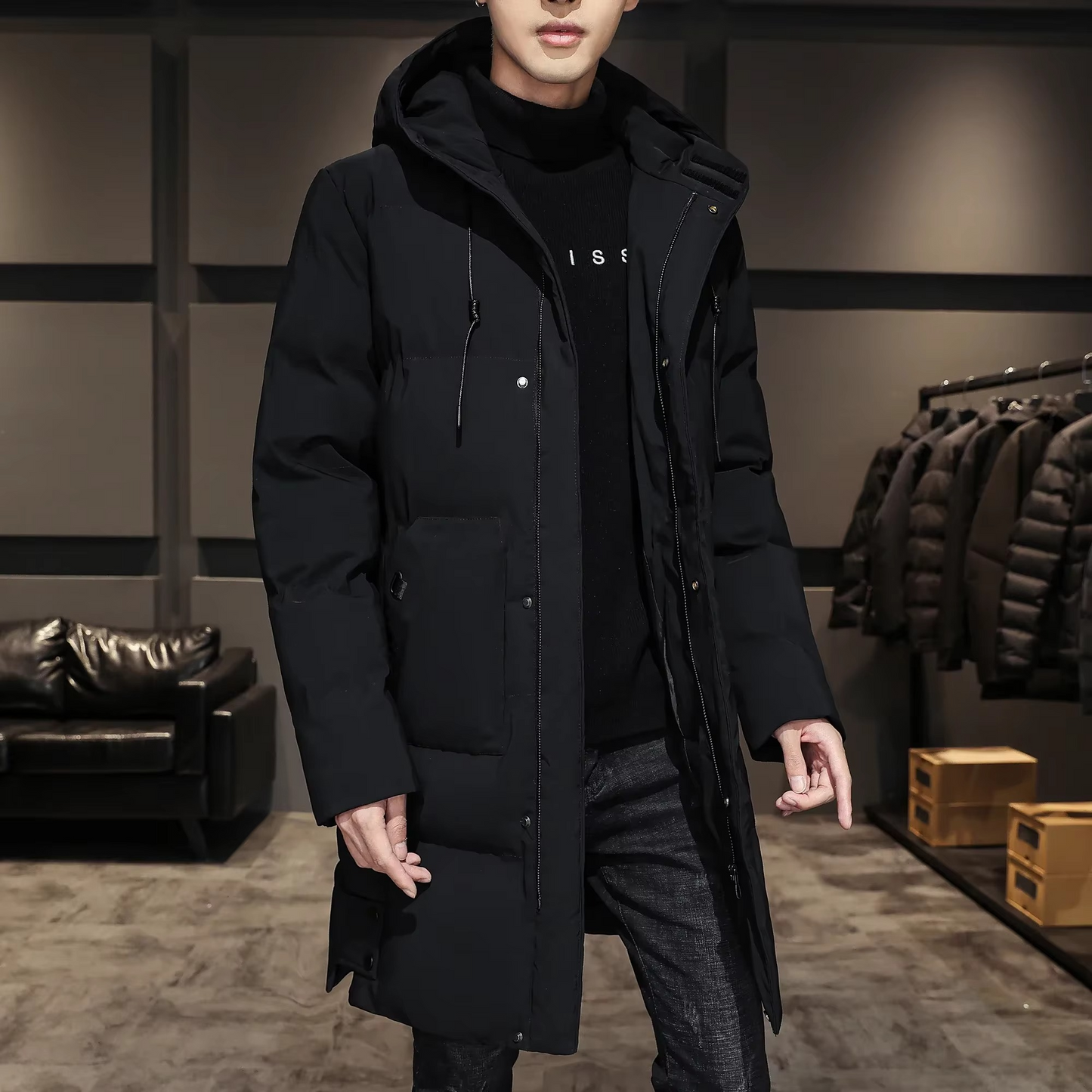Parka Longue Pour Homme En Coton Matelassé Chaude Et Légère Couleur Unie Pour L Hiver Confortable