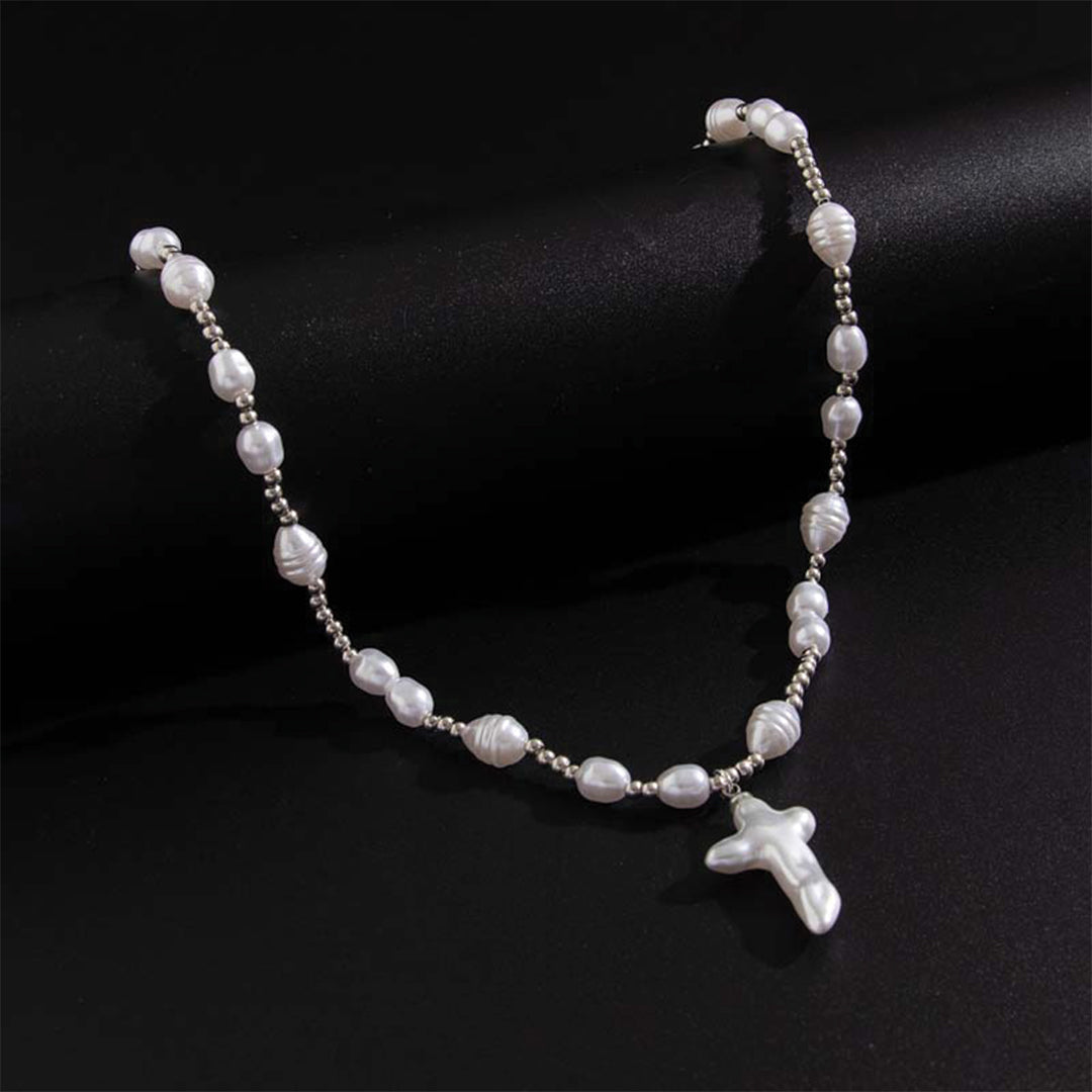 Collier Choker Croix Avec Perles Simulées Et Perles Artistiques Or Et Argent Longueur Courte
