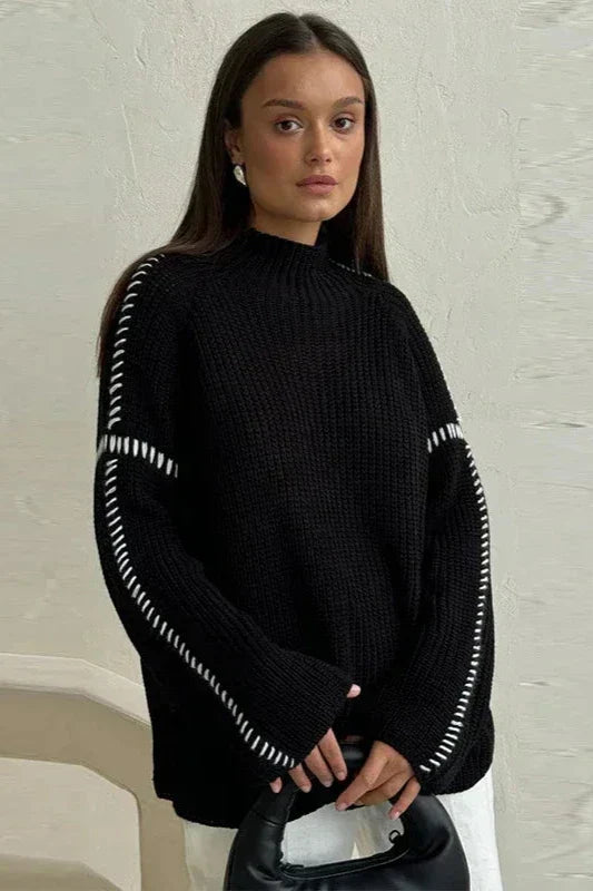Pull Patchwork Tricot Oversize Avec Col Montant Et Manches Évasées Pour Style Moderne Et Unique