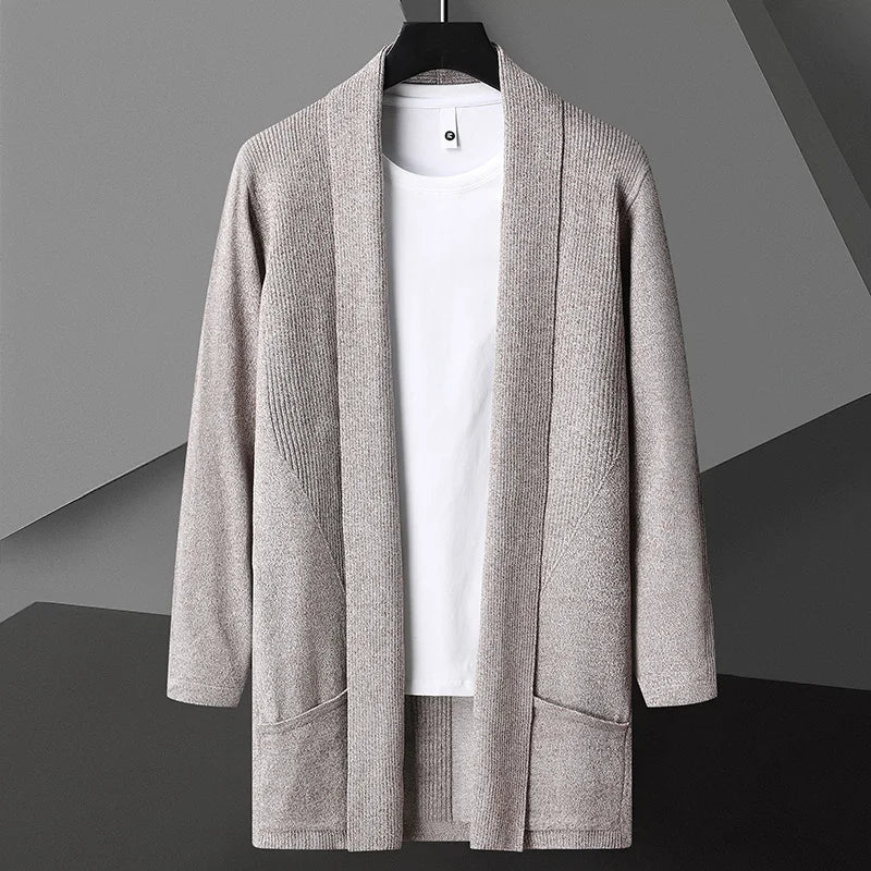 Hollen Cardigan Homme Léger Long Drapé Ouvert Devant Mélange Coton Lin Fini Mat Avec Poches Cachées
