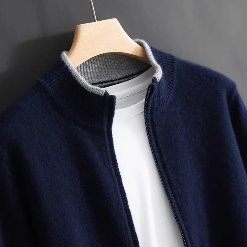 Amawinc Veste Tricot Homme Col Montant Zip Avec Bordures Côtes Style Sophistiqué Décontracté