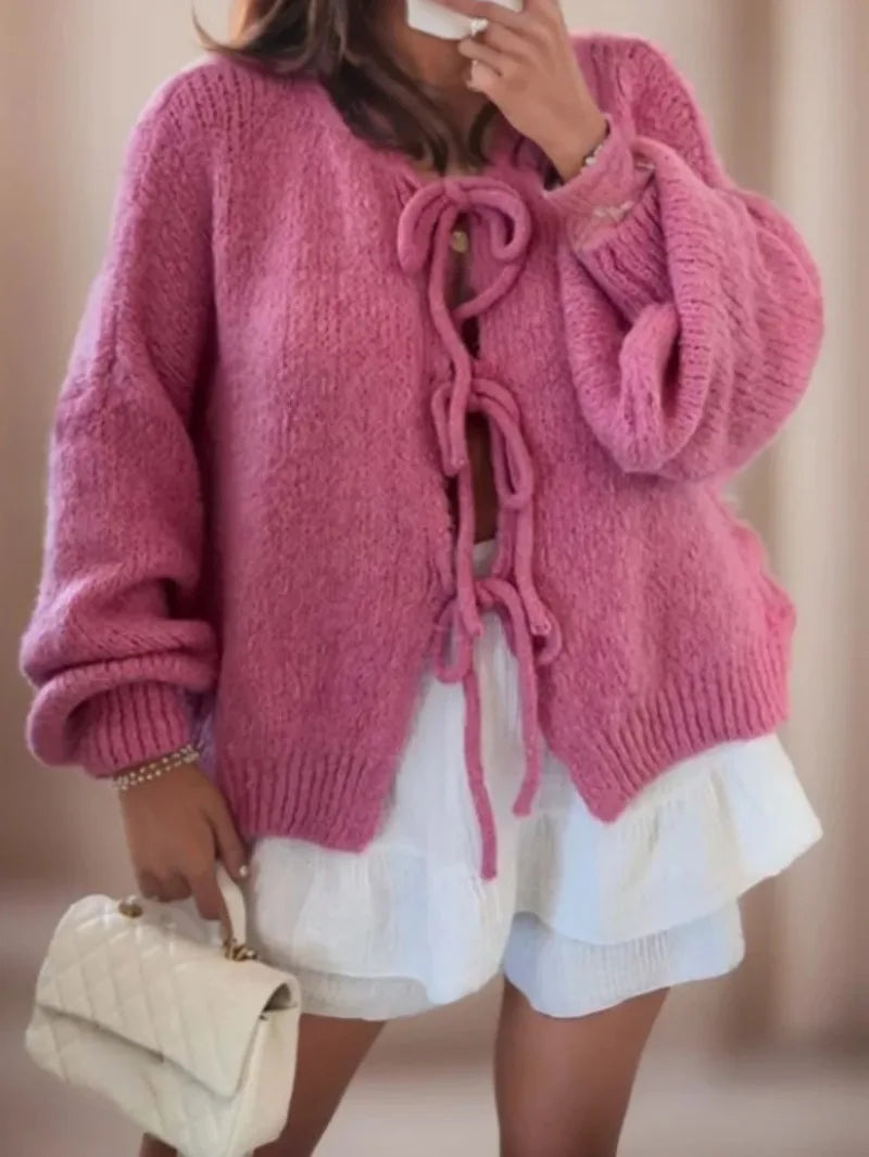 Jasmine Cardigan Tricoté Épais Hivernal Pour Femme Avec Nœud Devant Confortables