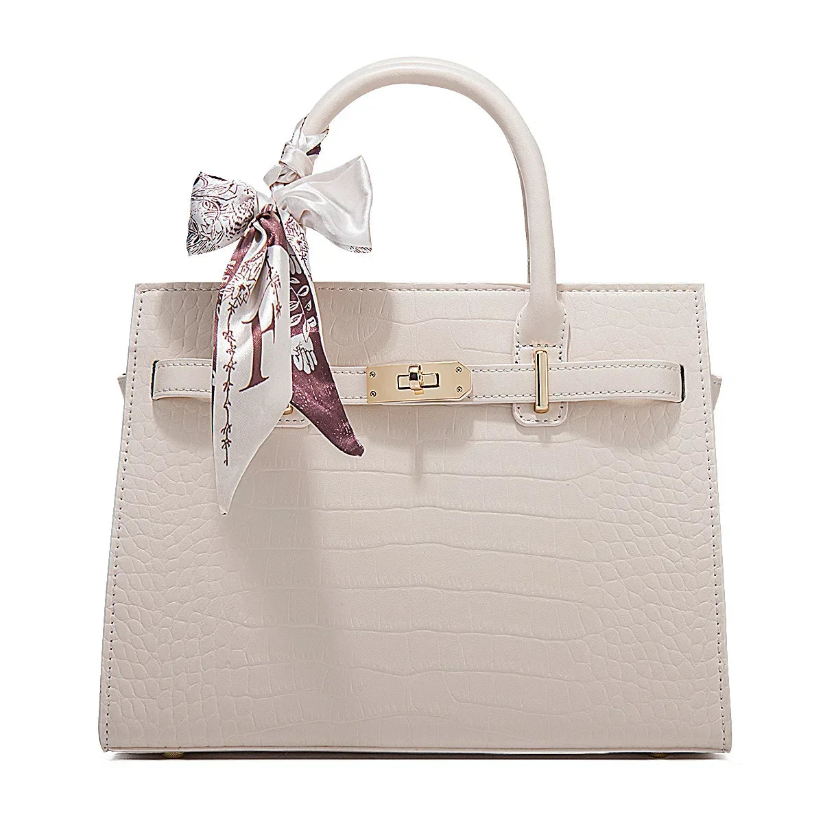 Sac À Main Midi Structuré Vegan Cuir Crocodile Guiliana Davoli Avec Foulard Et Boucle Dorée