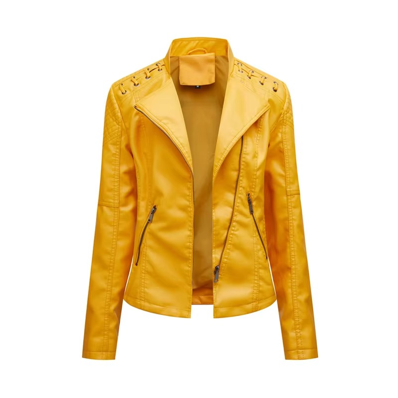 Veste Moto Femme En PU Cuir Court Slim Avec Fermeture Éclair Polyvalente 12 Couleurs