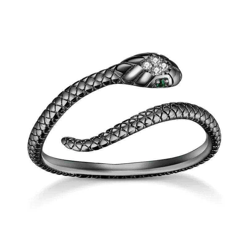 Bague Serpent Argent 925 Plaquee Platine Avec Oeil Zircone Verte Ajustable Elegante Et Puissante