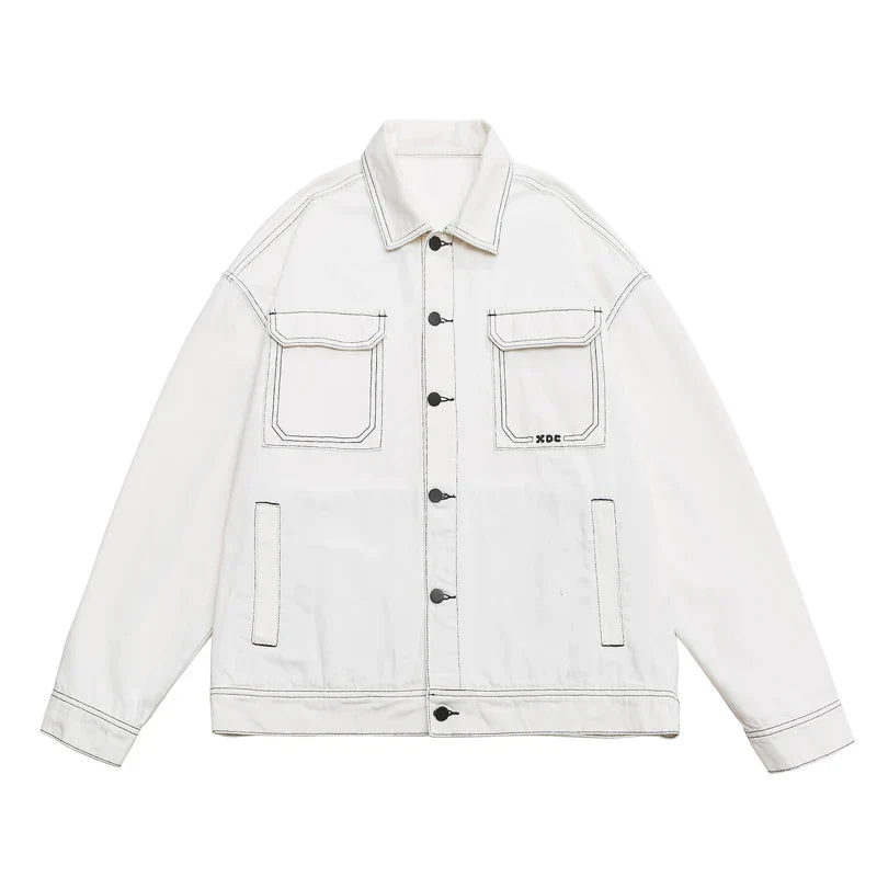 Veste Zane Brodée En Denim Mélange Coton Polyester Noir Avec Poches Multiples Et Fermeture Par Boutons Métalliques