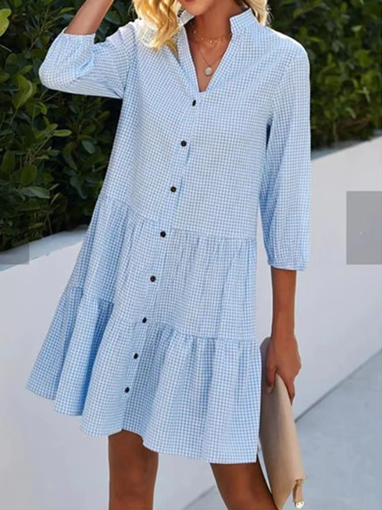Robe Chemise À Carreaux À Encolure En V Manche Longue Léger Pour Printemps Et Automne