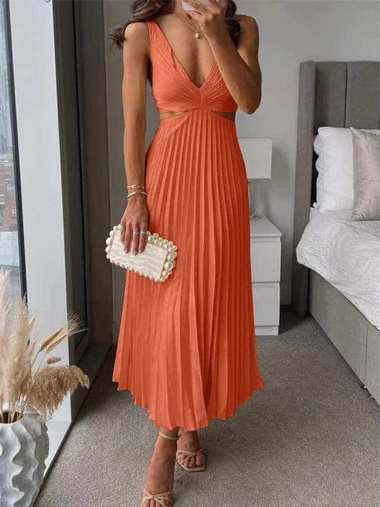 Robe Maxi Sans Manches Élégante Été Décolleté Profond En V Plissé Taille Haute Confortable
