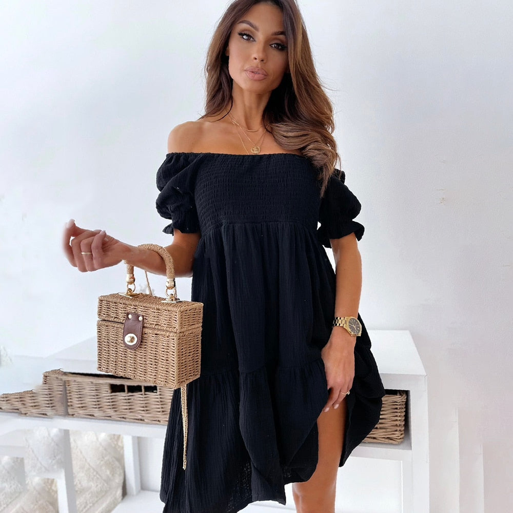 Damen-Midikleid mit Puffärmeln und Stufen-Design