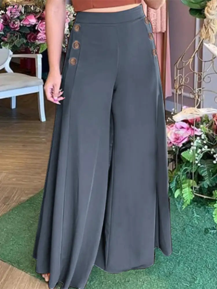 Pantalon Palazzo Femme Taille Haute Coupe Ample Détail Boutons Élégants Nordic Flair