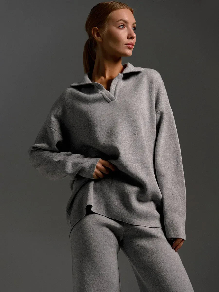 Ensemble Coordonné Tricot Confortable Avec Polo À Manches Longues Et Pantalon Large Tricoté