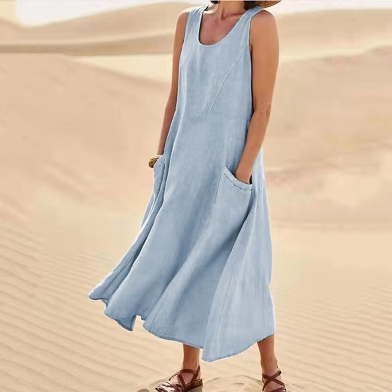 Robe Maxi Sans Manches En Coton Lin Avec Poches Pour La Plage, Coupe Décontractée, Tailles S À 5XL Amawinc