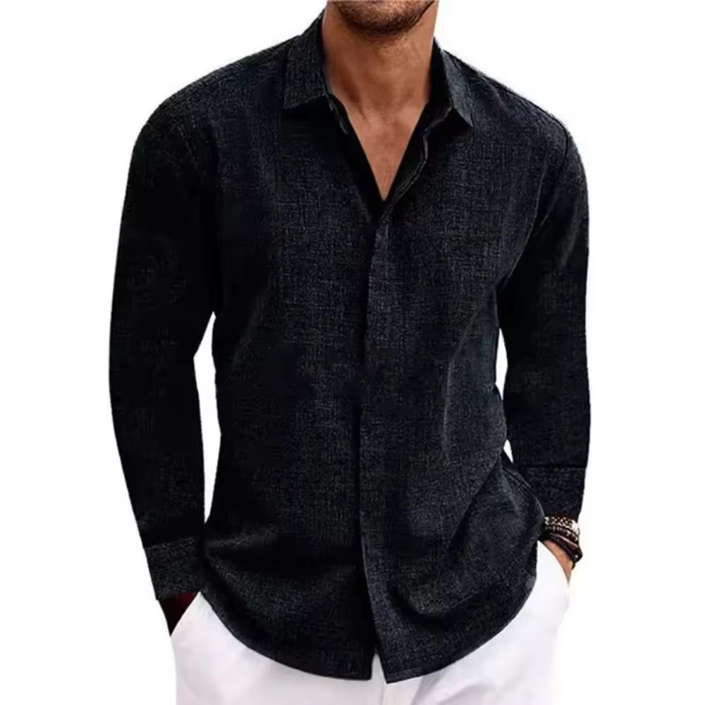 Chemise Homme Lin Uni À Manches Longues Boutonnée Décontractée Pour Le Travail Et Les Fins De Semaine