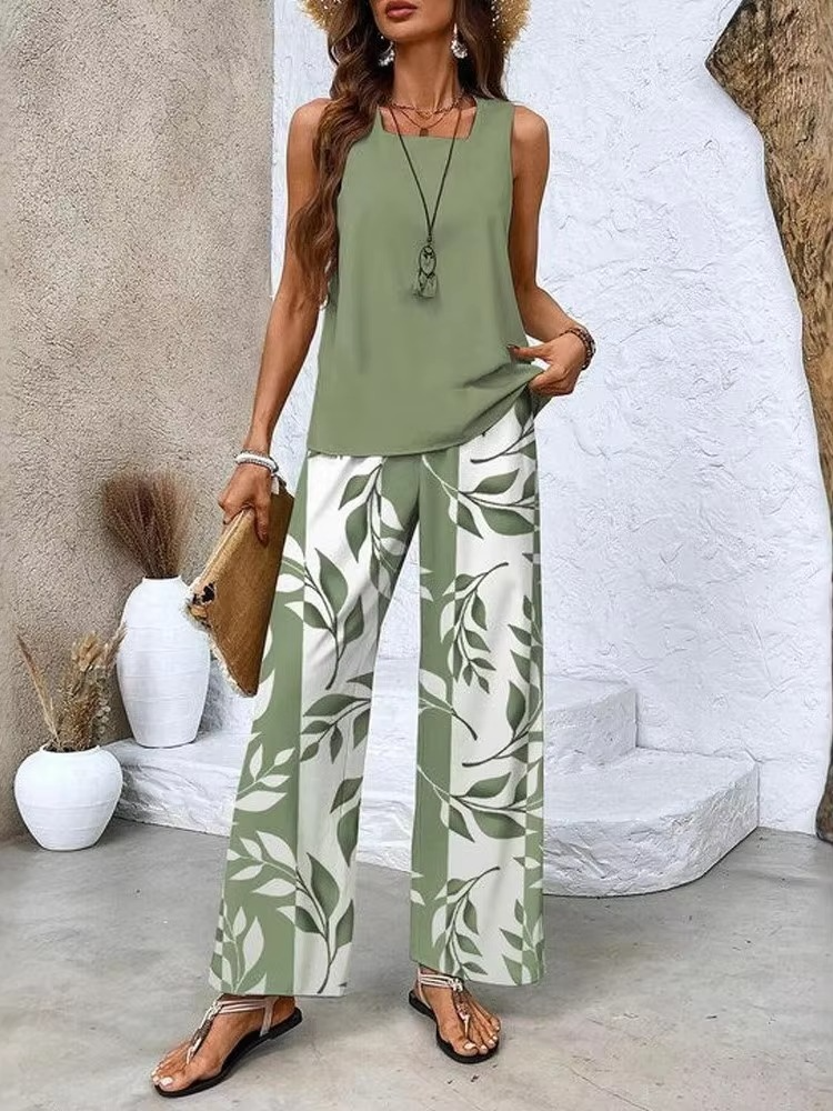 Ensemble Deux Pièces Femme Veste À Col Carré Imprimé Numérique Et Pantalon Long Confortable Pour Femmes