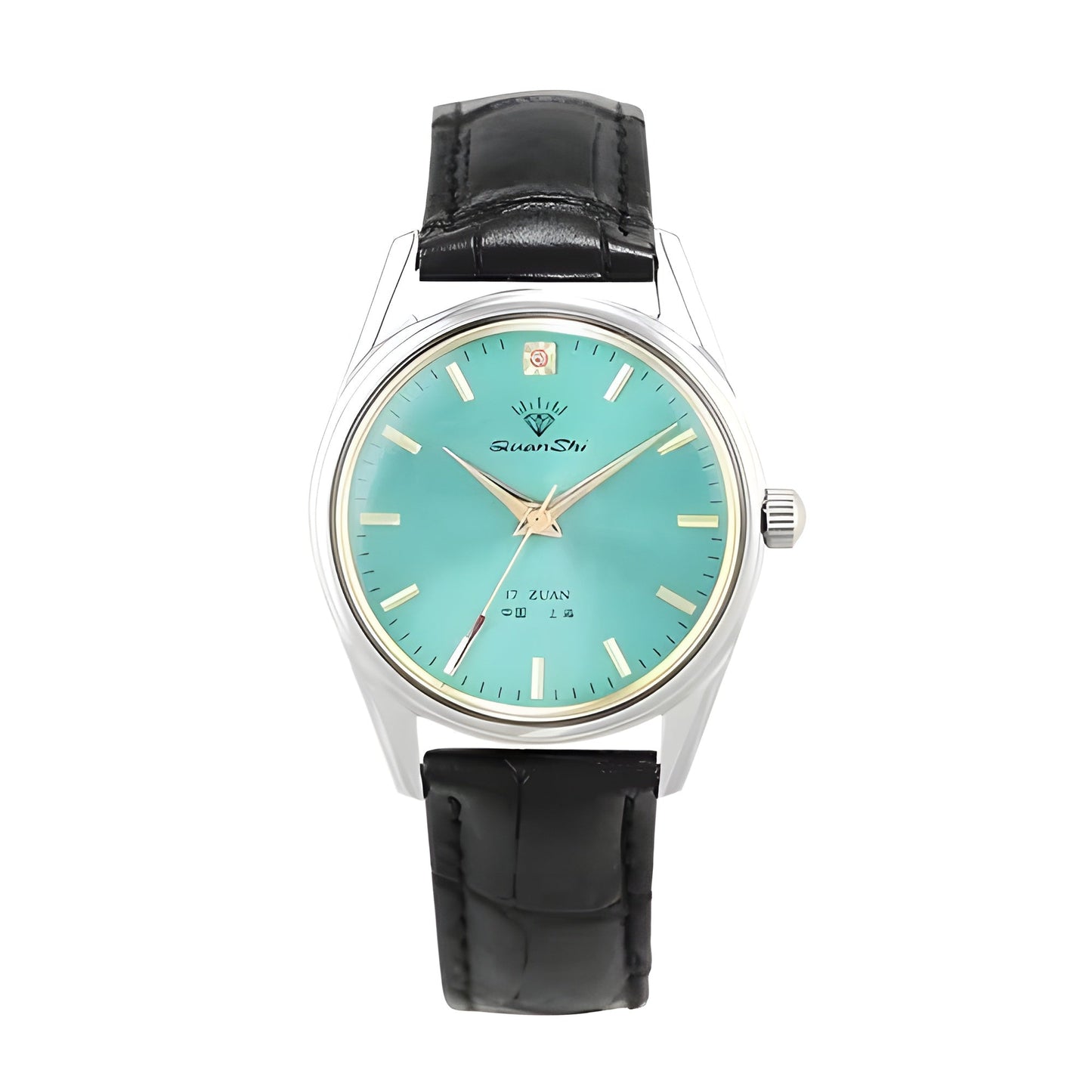 Montre Mécanique Cadran Soleil Bleu Aqua Repères Dorés En Acier Inox Poli Avec Bracelet Acier Ou Cuir
