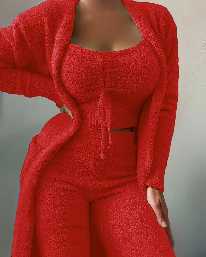 Ensemble Pyjama Peluche Luxe 2025 Pour Femmes Trois Pièces Crop Top Court Pantalon Long Manteau Confort