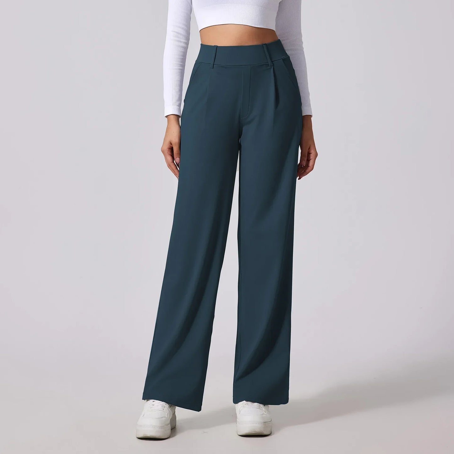 Pantalon Slacks Mono Line Haute Taille À Drapé Fluide Avec Poches Latérales Profondes