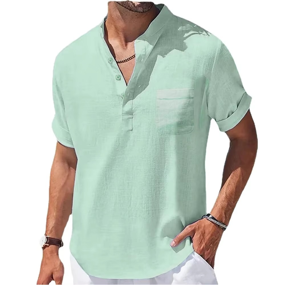 Chemise Henley Homme Été En Coton Lin Manches Courtes Décontractée Respirante Légère Marine