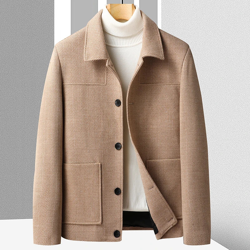 Manteau Court Herringbone Marc Taille Ajustée Col Revers Décontracté Poches Patch Léger et Chaud