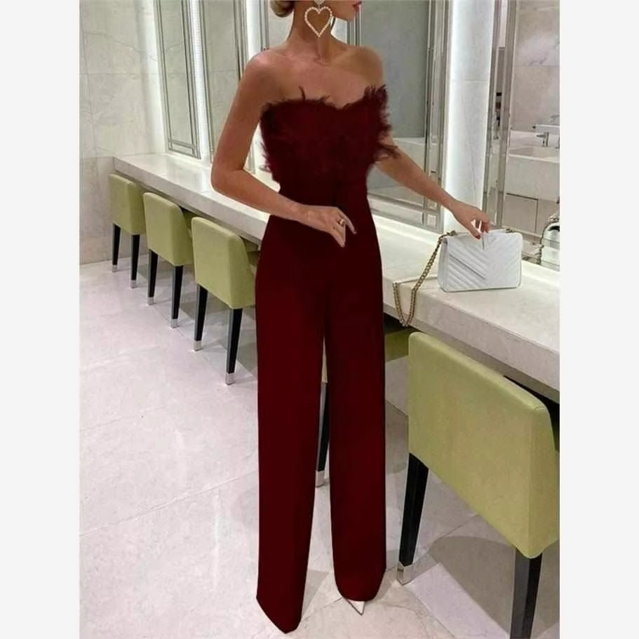 Combinaison Sexy en Plumes à Épaules Dénudées Taille Cintrée et Jambes Larges Ornée de Diamants