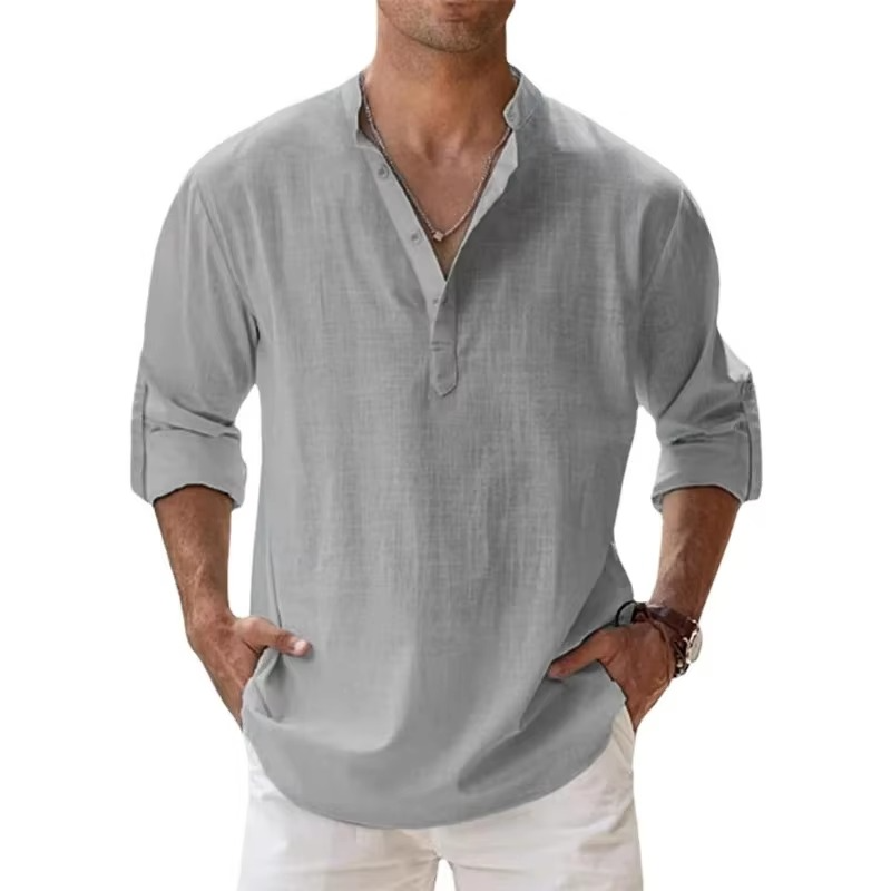 Chemise Henley Légère En Coton Lin Pour Homme Manches Longues Idéale Pour Été Vêtements De Plage Décontractés