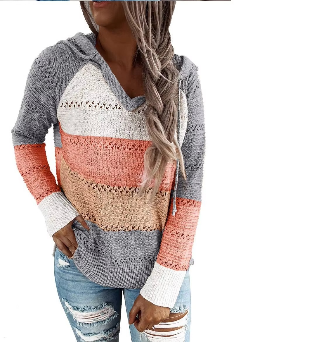 Pull Patchwork Doux À Capuche Pour Femme Manches Longues Tricot Rayé Confortable Et Chic