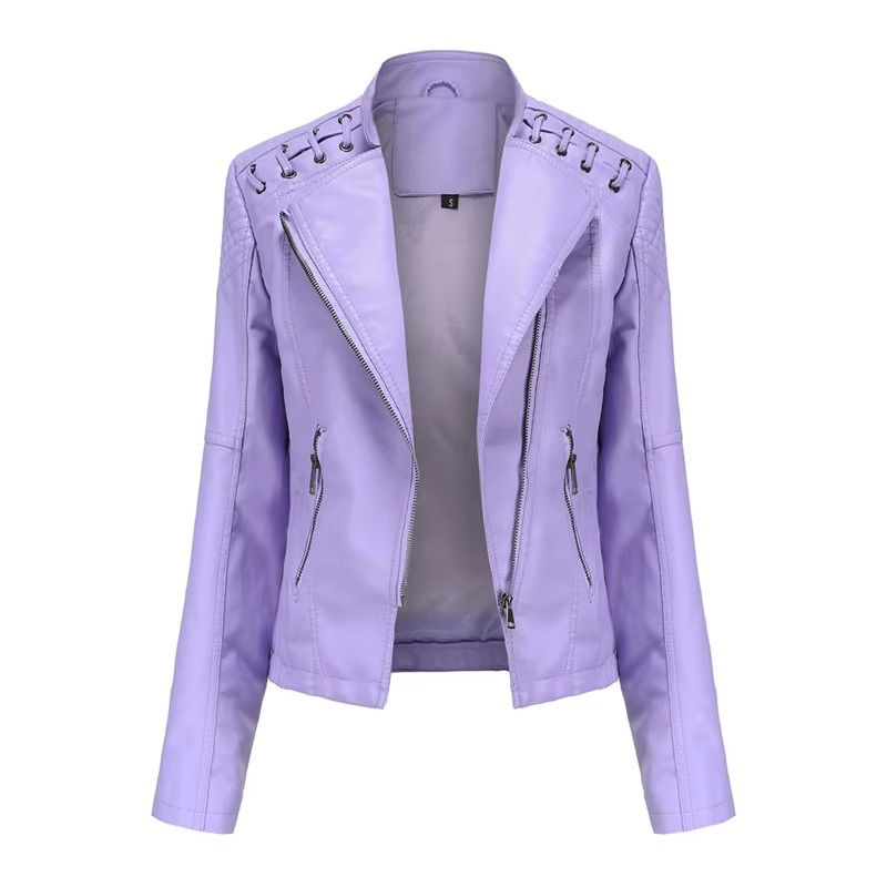 Veste Moto Femme En PU Cuir Court Slim Avec Fermeture Éclair Polyvalente 12 Couleurs