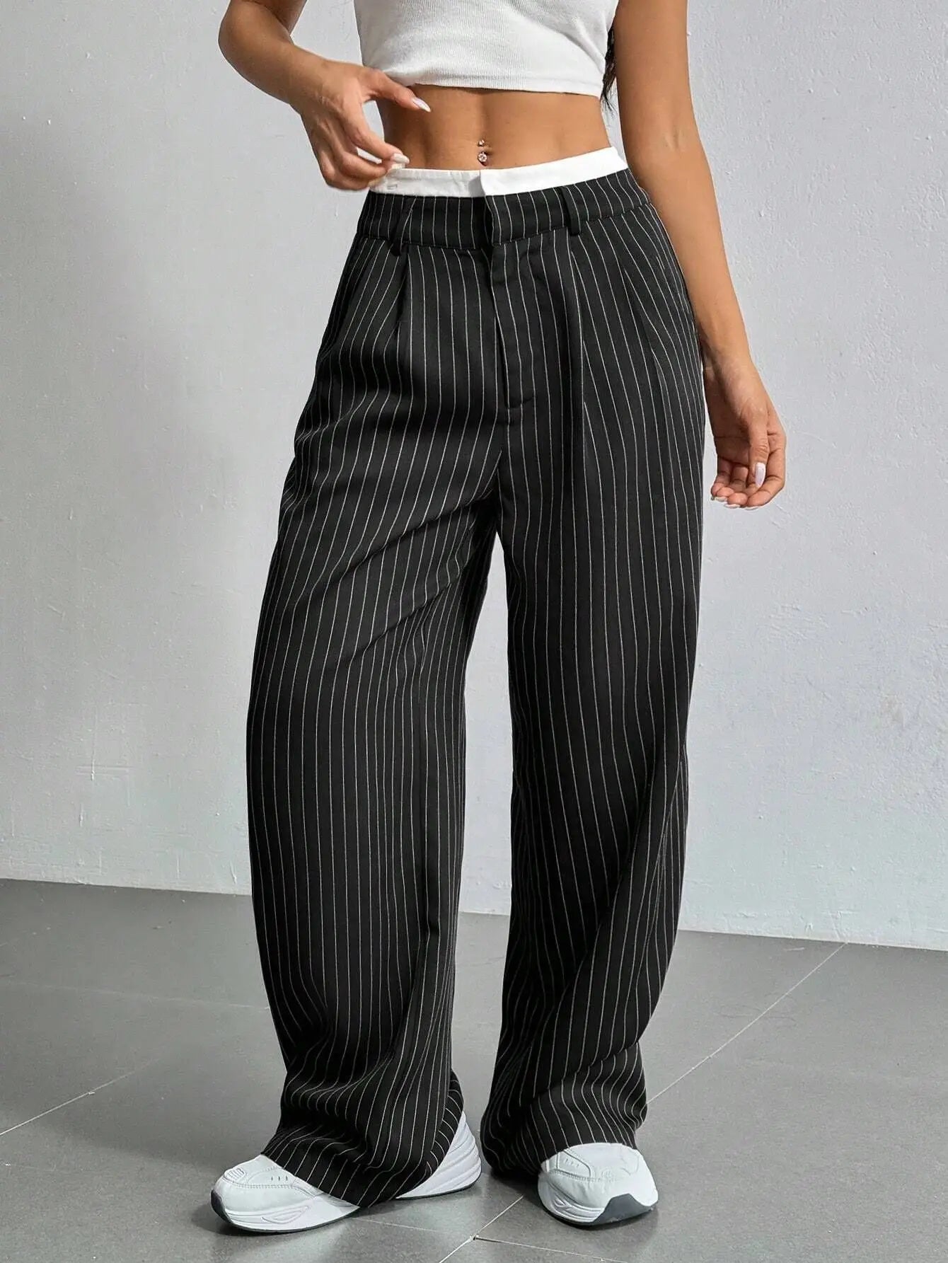 Amawinc Pantalon Taille Haute À Rayures Pinstripe Élégant Confortable Pour Bureau et Dîner
