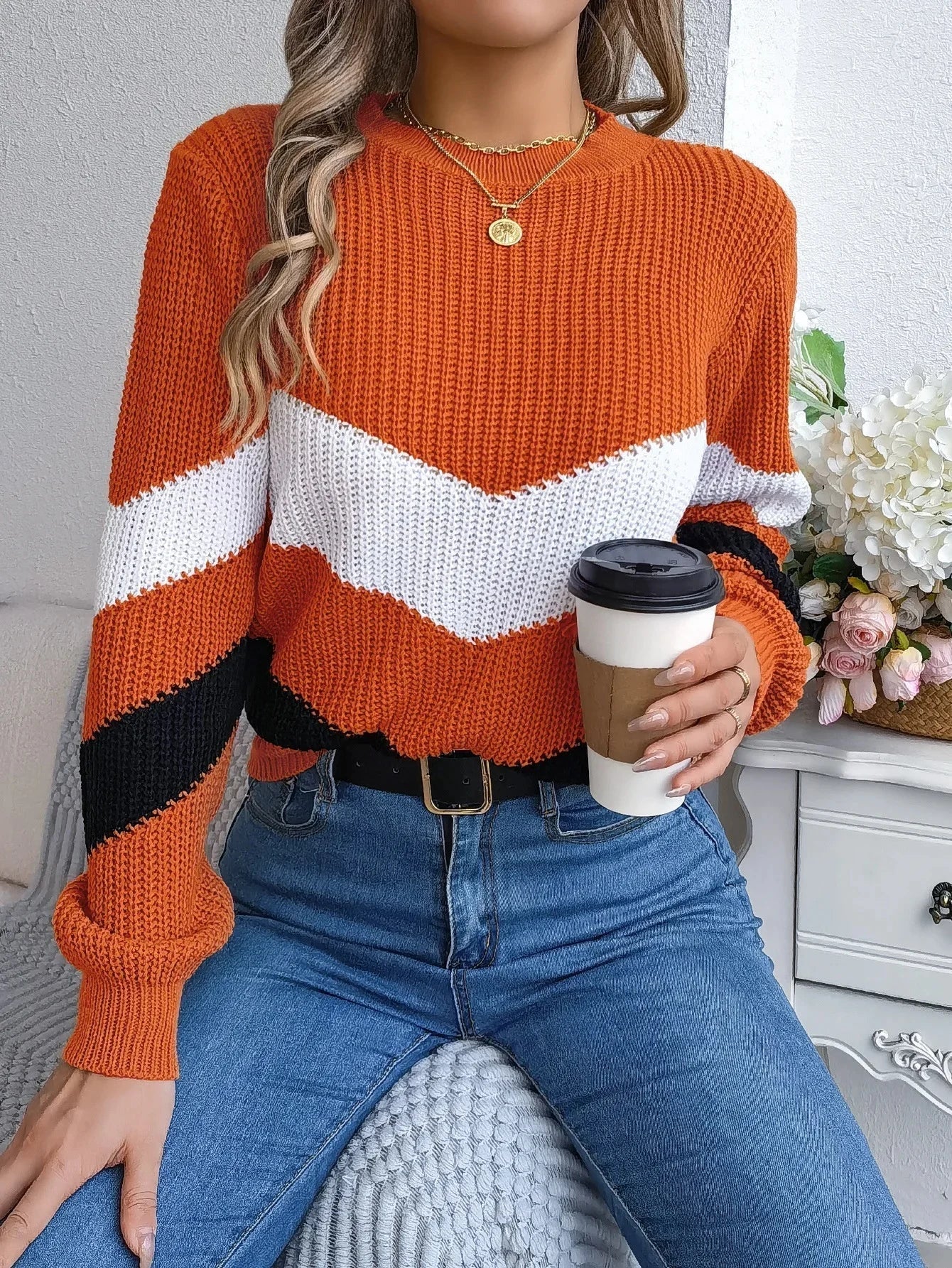 Grace Col Roulé En Cachemire Pour Femme Hiver Avec Motif Chevron Audacieux Et Blocs De Couleurs