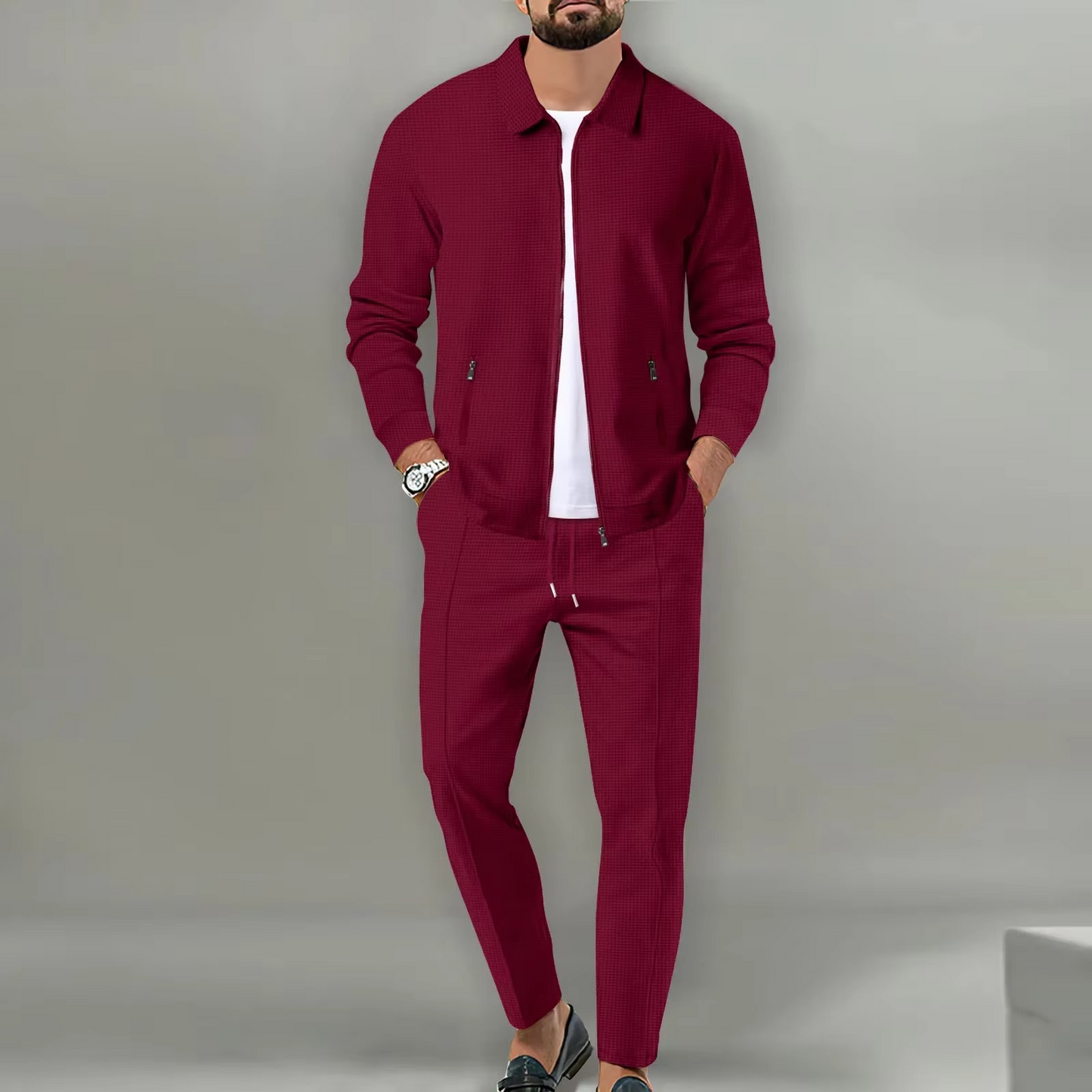 Ensemble Homme Deux Pièces Veste Chemise Polo À Manches Longues Pantalon À Cordon Confort Quotidien