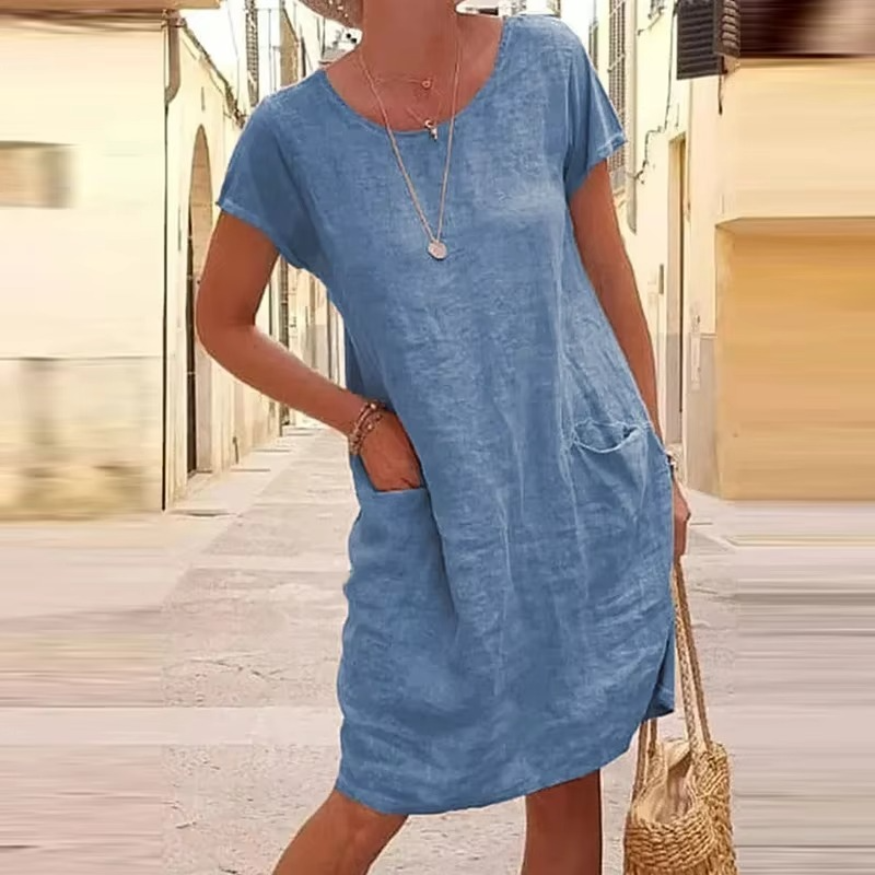 Robe Décontractée Pour Femme À Poches Couleur Unie Manches Courtes Été Style Sans Effort