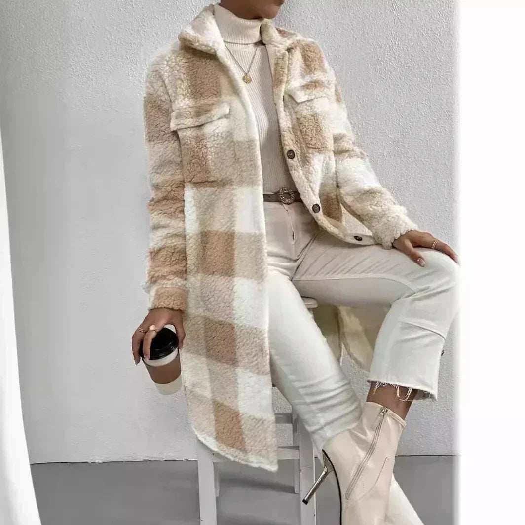 Manteau Trench Longline À Carreaux Avec Fourrure Synthétique Revers Ouvert Coupe Décontractée Chaud Pour Couches
