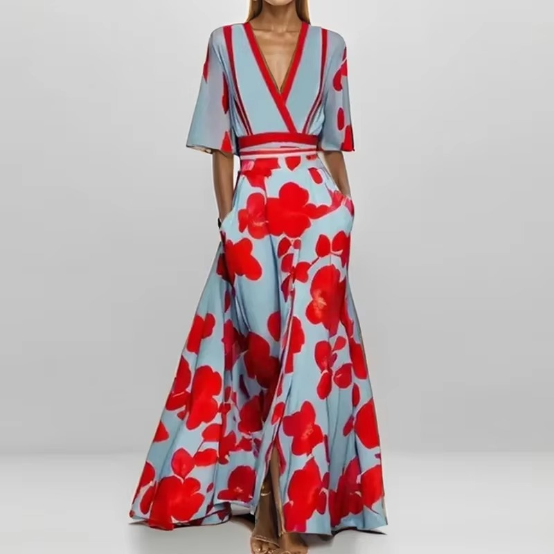 Robe Longue Imprimée À Plis Avec Encolure V Élégante Pour Femme Moderne Idéale Pour Sorties