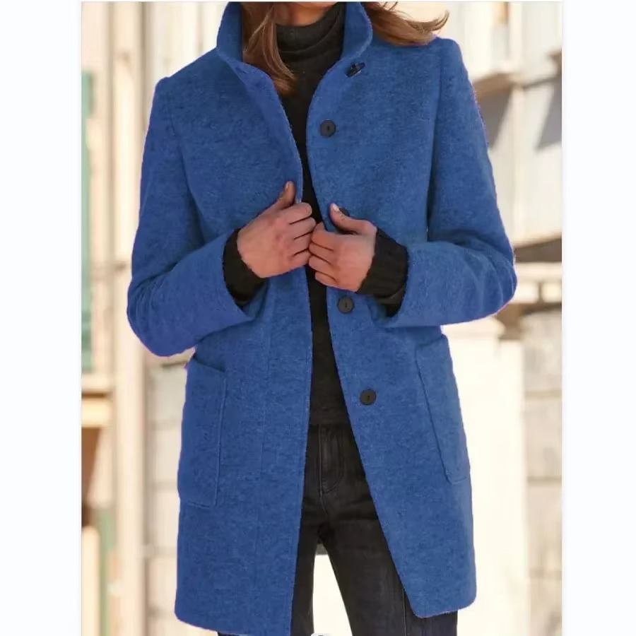Manteau En Coton Pour Femme Printemps 2025 Noir Col Debout Décontracté Manches Longues Poches Boutonées