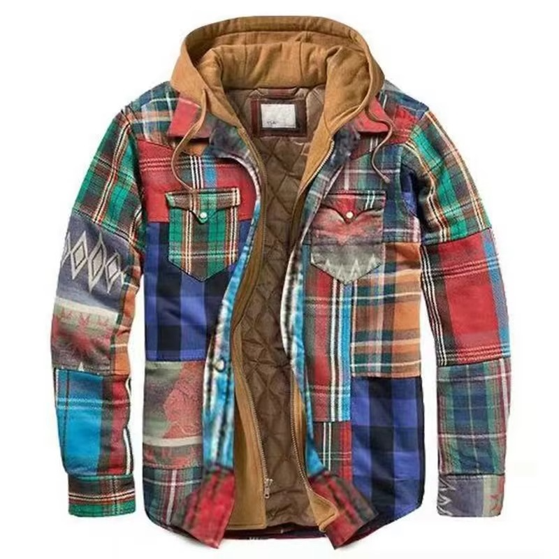 Amawinc Veste À Capuche En Coton Patchwork Carreaux Pour Homme Chaude Design Drapeau Américain Tailles S À 5XL