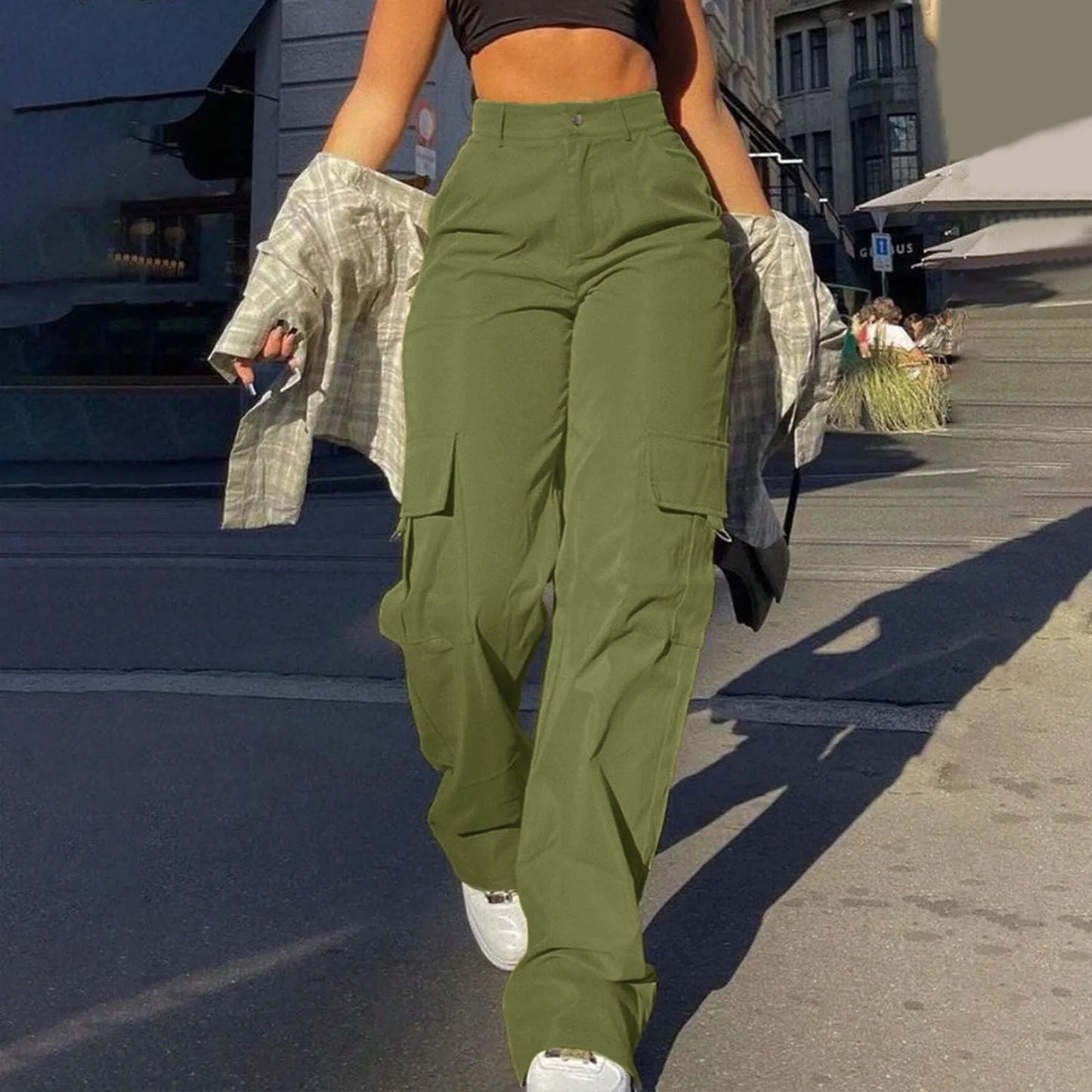 Kate Pantalon Cargo Femme Taille Haute À Jambe Évasée Avec Poches Cargo Pratiques