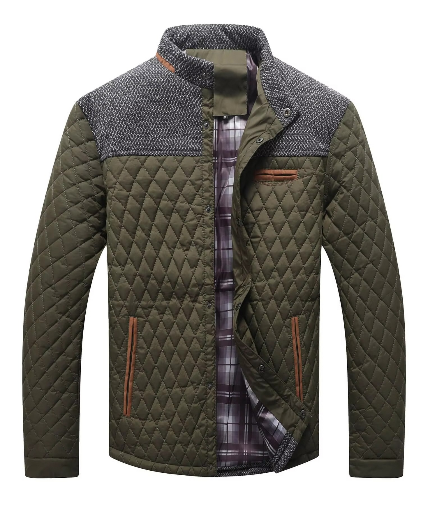 Amawinc Veste Bomber Matelassée Légère À Motif Diamant Avec Empiècement Gris Contrasté Et Poches Pour Hommes
