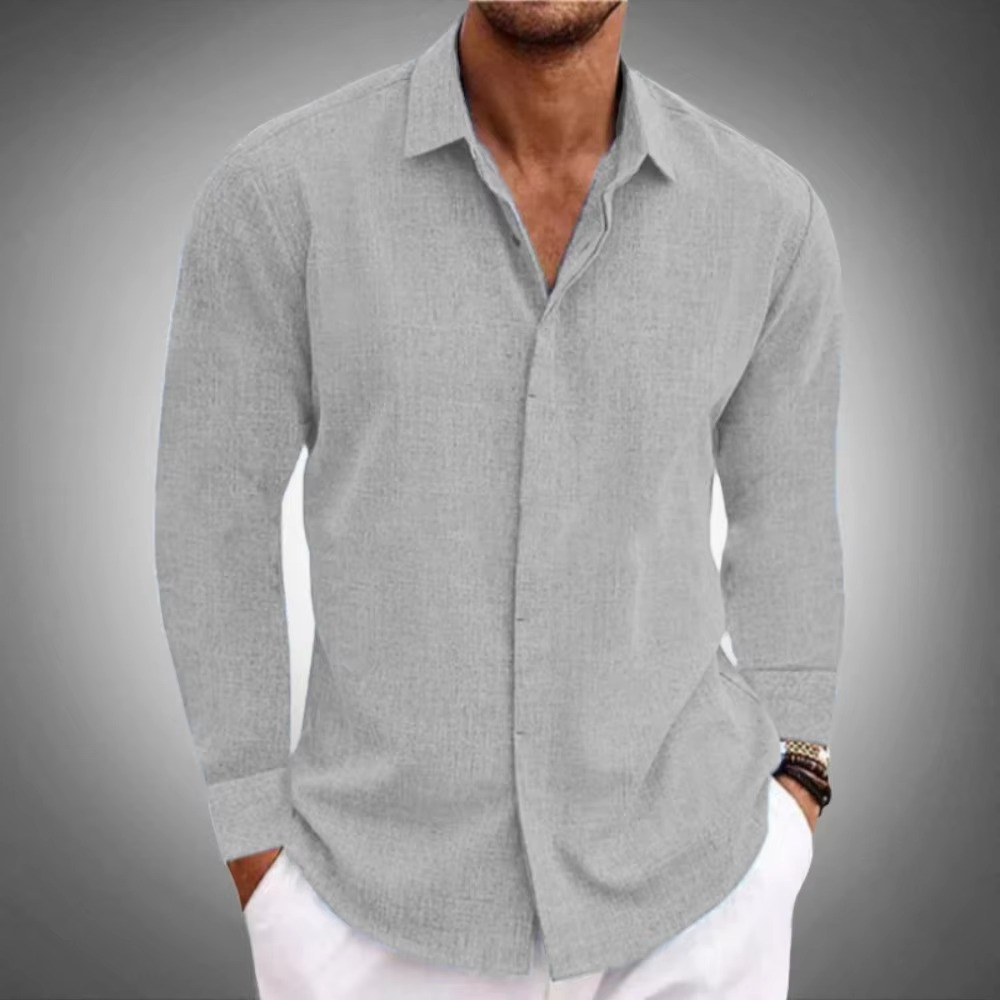 Chemise Homme Lin Uni À Manches Longues Boutonnée Décontractée Pour Le Travail Et Les Fins De Semaine