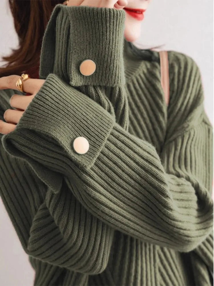 Lorie Pull Oversize Côtelé Poignets Rabattus Avec Boutons Contrastés Pour Style Décontracté Et Chaud